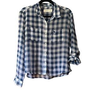 Abercrombie & Fitch Women's Gingham Button Down Shirt Blue Roll-Tab Sleeve SZ S